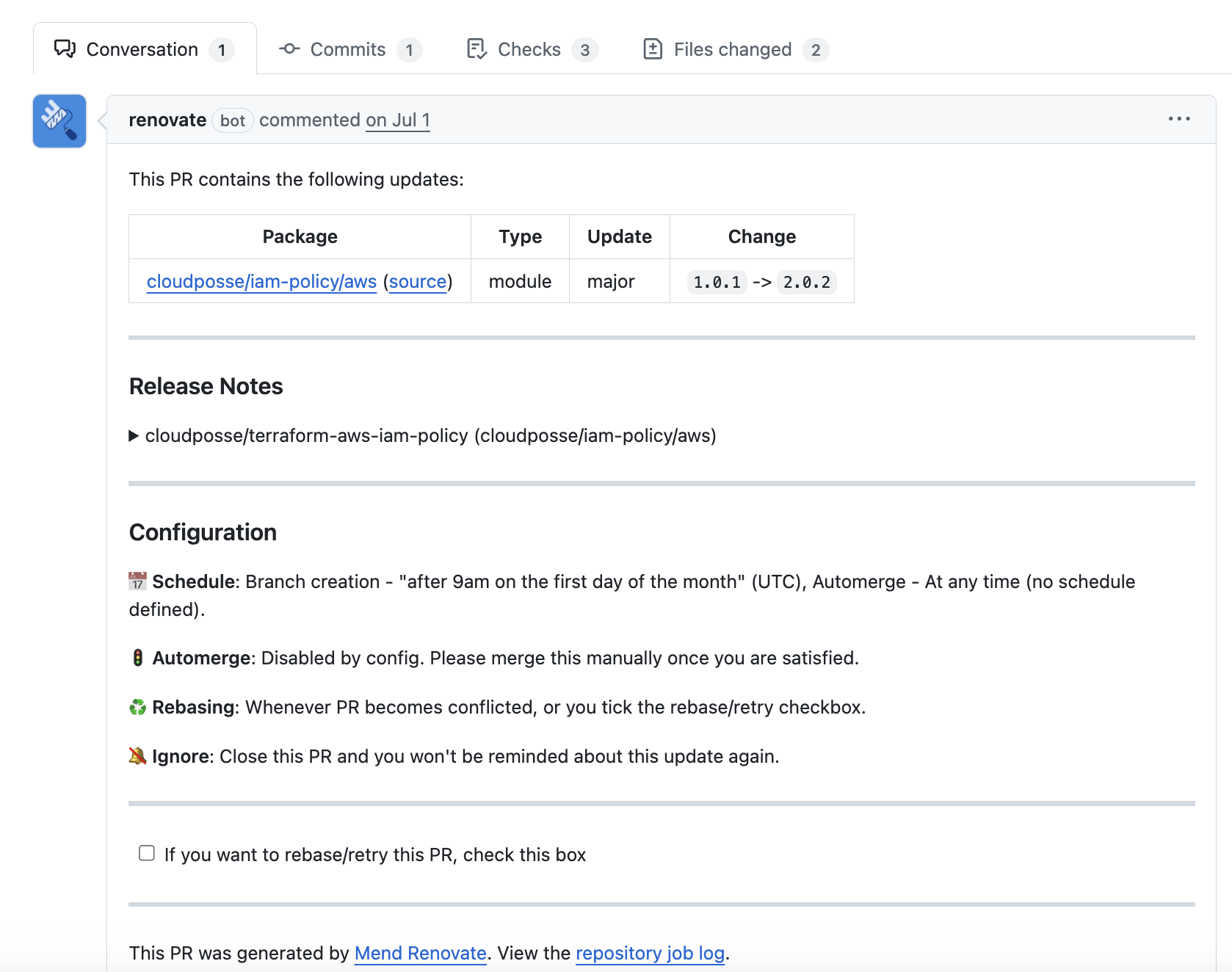 Renovate PR example showing module update